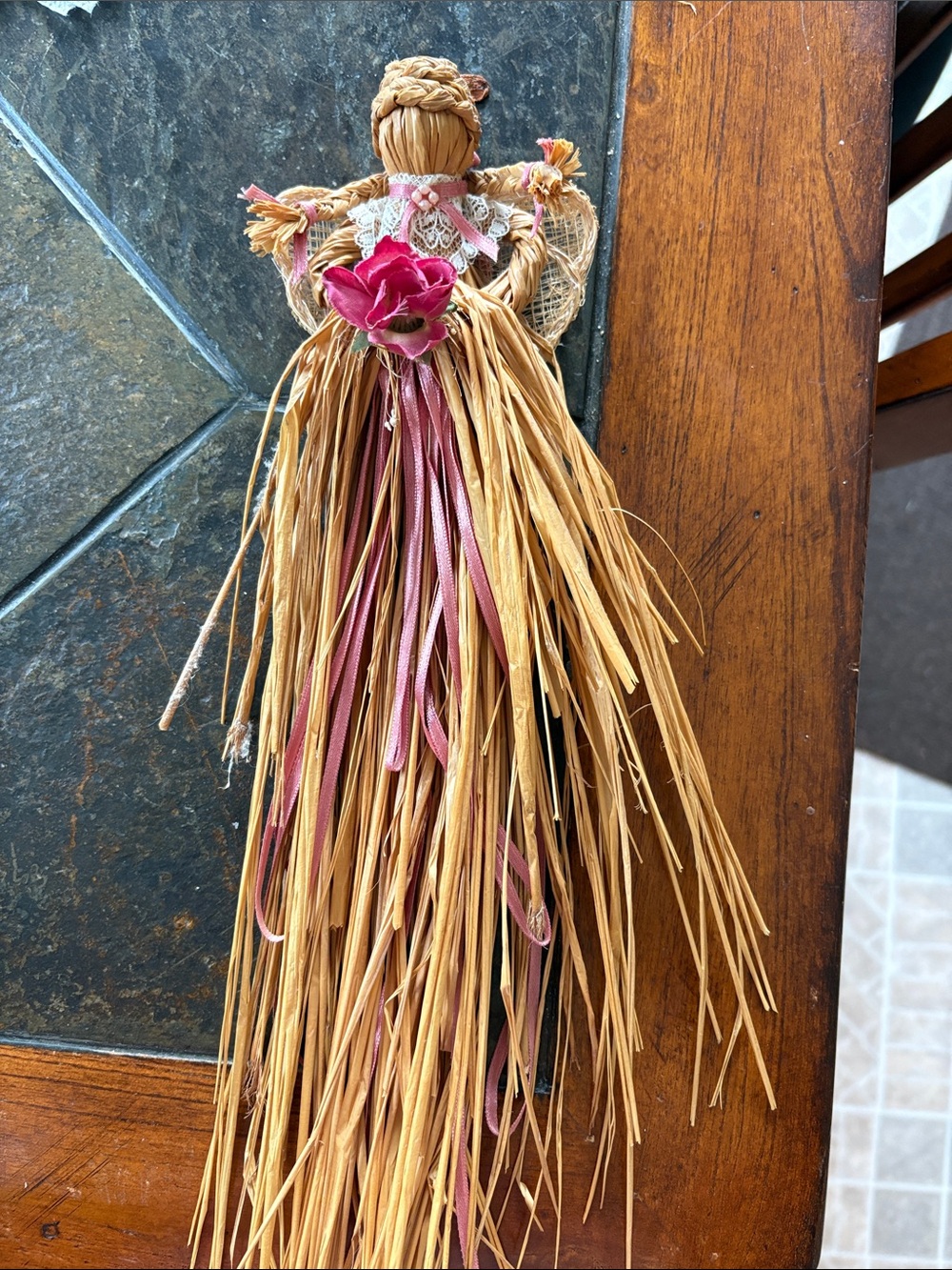 Handmade Raffia Angel Wall Hanging with Pink Ribbon Flower